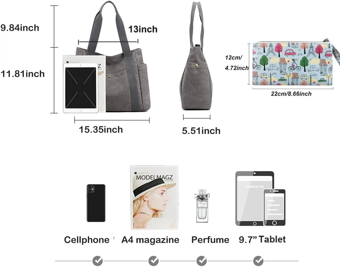Women's Canvas Tote Handbags Multi-pocket Retro Casual Shoulder Bag Top Handle Satchel Tote Purse