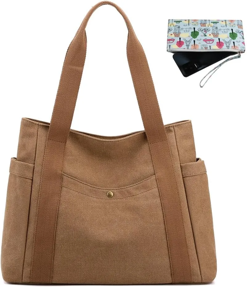 Women's Canvas Tote Handbags Multi-pocket Retro Casual Shoulder Bag Top Handle Satchel Tote Purse