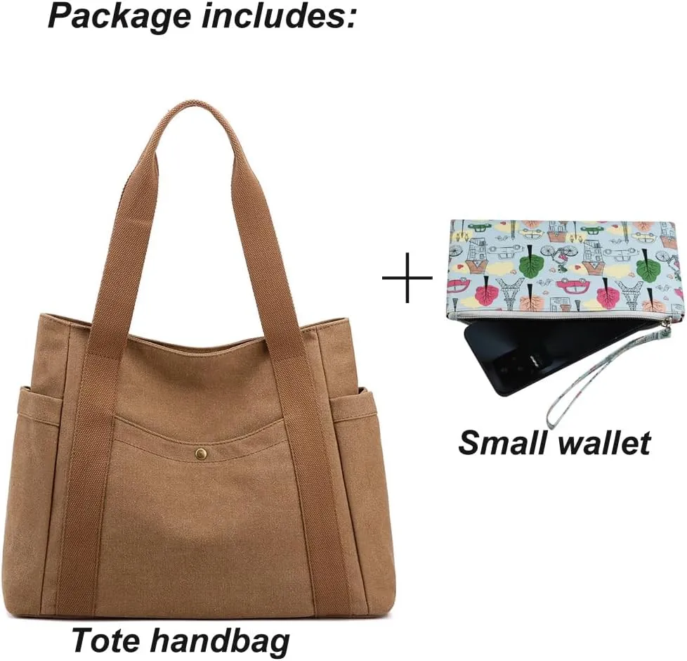 Women's Canvas Tote Handbags Multi-pocket Retro Casual Shoulder Bag Top Handle Satchel Tote Purse