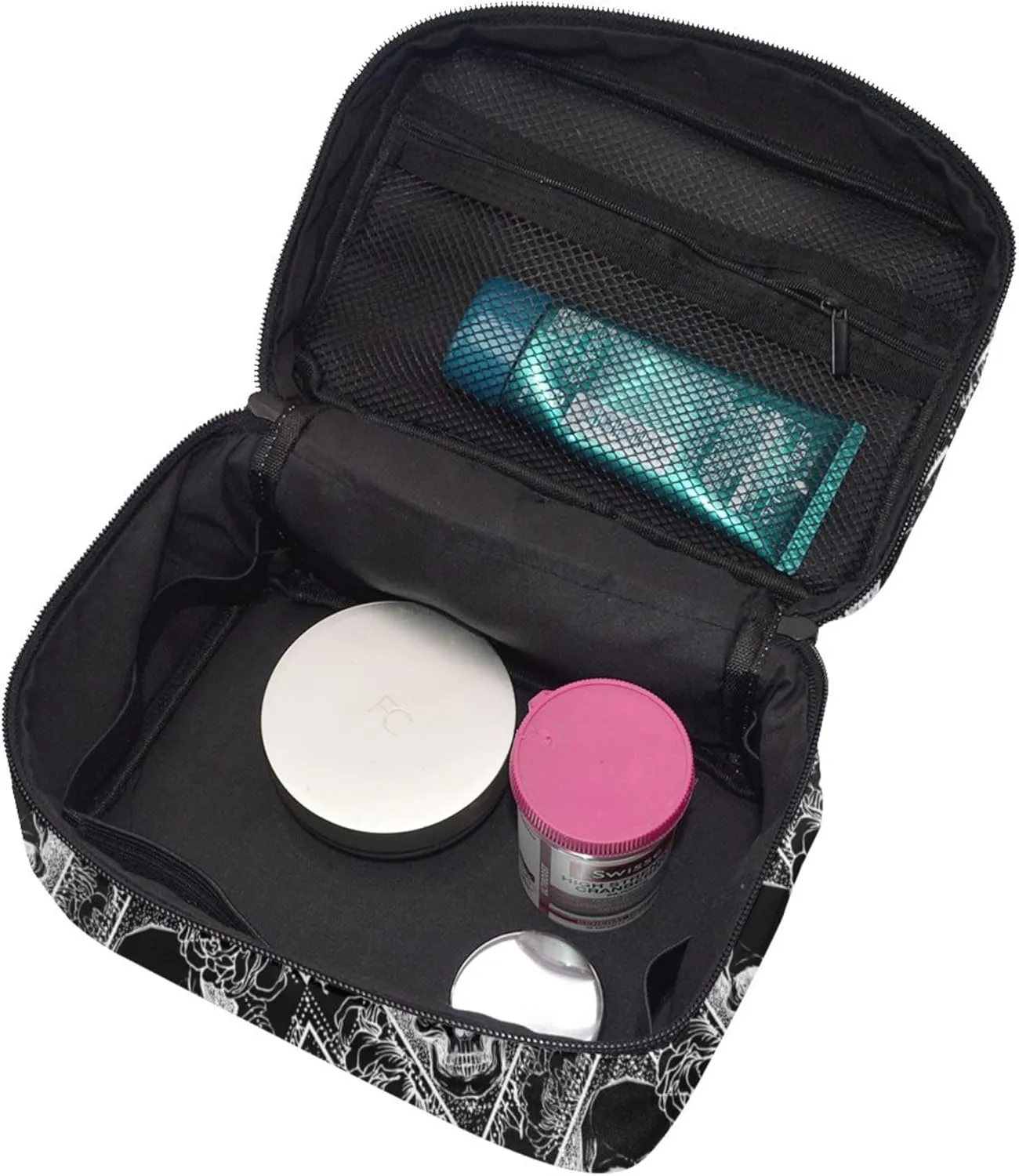 Womens Cosmetic Makeup Bag Pouch Compatible with Black Peony Rose Flowers Dead Skulls Toiletry Bag Cosmetic Bag, Funny Portable Coin Purse Toiletry Case Brushes Bag for Travel Outdoor