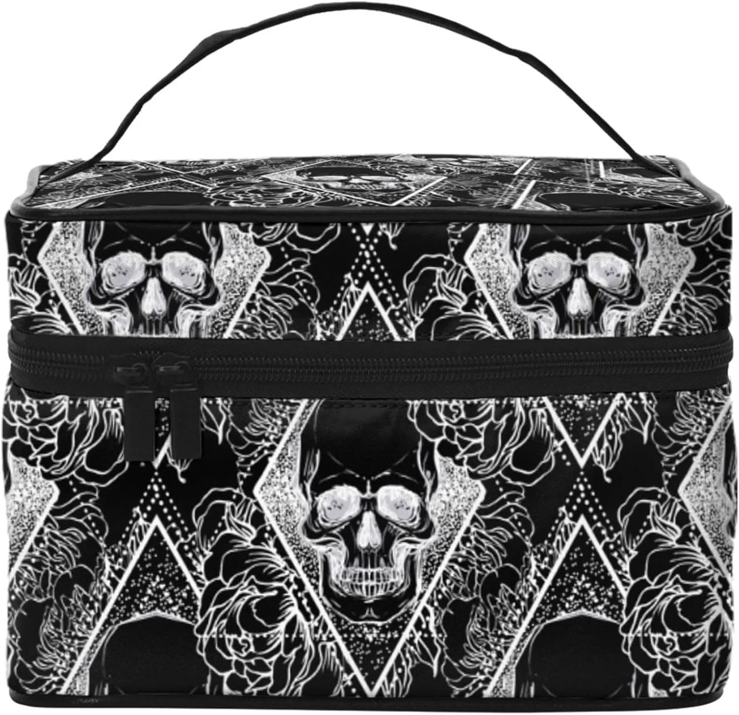 Womens Cosmetic Makeup Bag Pouch Compatible with Black Peony Rose Flowers Dead Skulls Toiletry Bag Cosmetic Bag, Funny Portable Coin Purse Toiletry Case Brushes Bag for Travel Outdoor