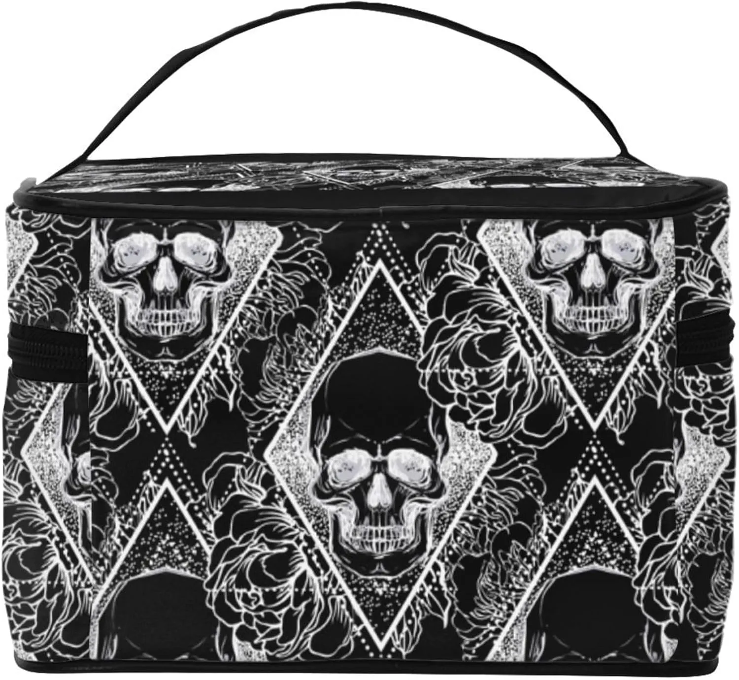 Womens Cosmetic Makeup Bag Pouch Compatible with Black Peony Rose Flowers Dead Skulls Toiletry Bag Cosmetic Bag, Funny Portable Coin Purse Toiletry Case Brushes Bag for Travel Outdoor