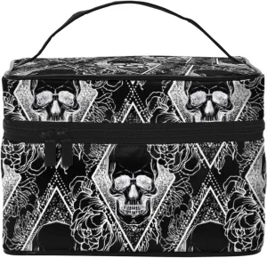 Womens Cosmetic Makeup Bag Pouch Compatible with Black Peony Rose Flowers Dead Skulls Toiletry Bag Cosmetic Bag, Funny Portable Coin Purse Toiletry Case Brushes Bag for Travel Outdoor