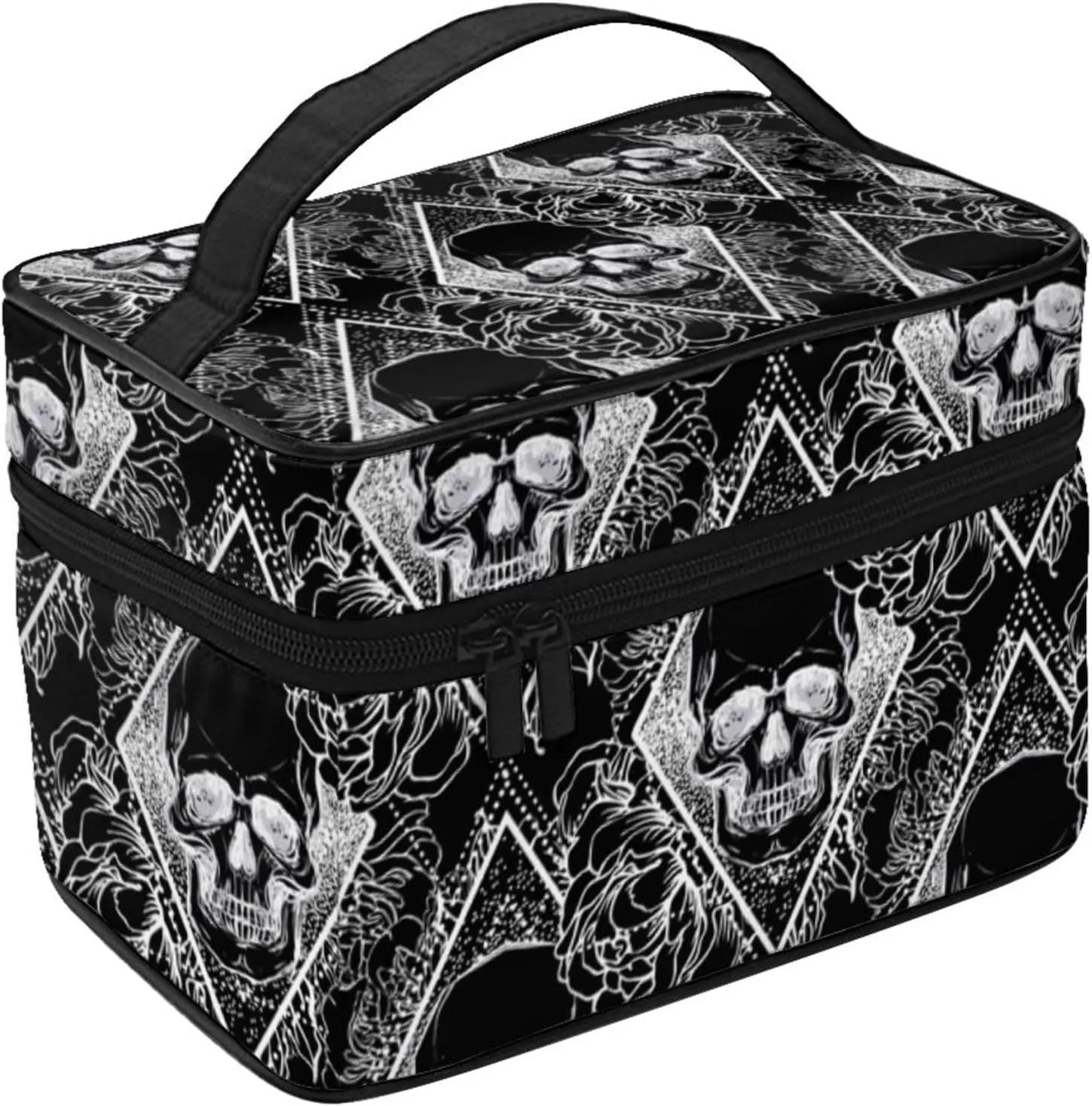 Womens Cosmetic Makeup Bag Pouch Compatible with Black Peony Rose Flowers Dead Skulls Toiletry Bag Cosmetic Bag, Funny Portable Coin Purse Toiletry Case Brushes Bag for Travel Outdoor