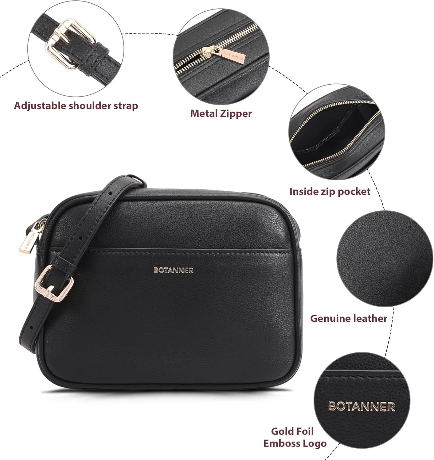 Women's Elegant Genuine Leather Crossbody Bag - Versatile Design, Adjustable Strap, Top Zip Closer, Light & Chic