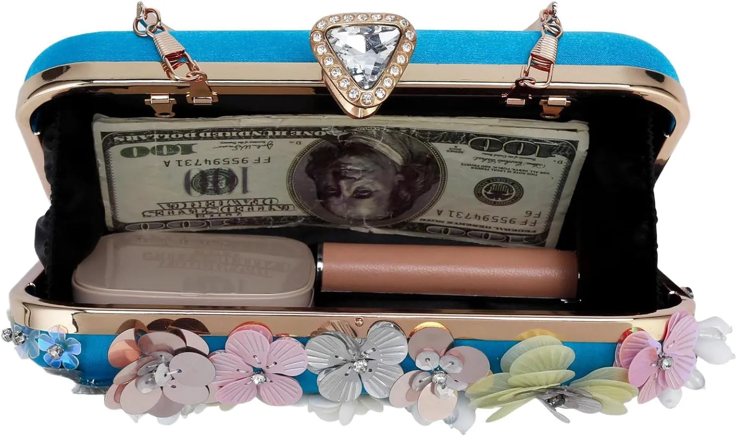 Women's Floral Evening Clutch Bag - Colorful Flower Handbag with Metal Rhinestones