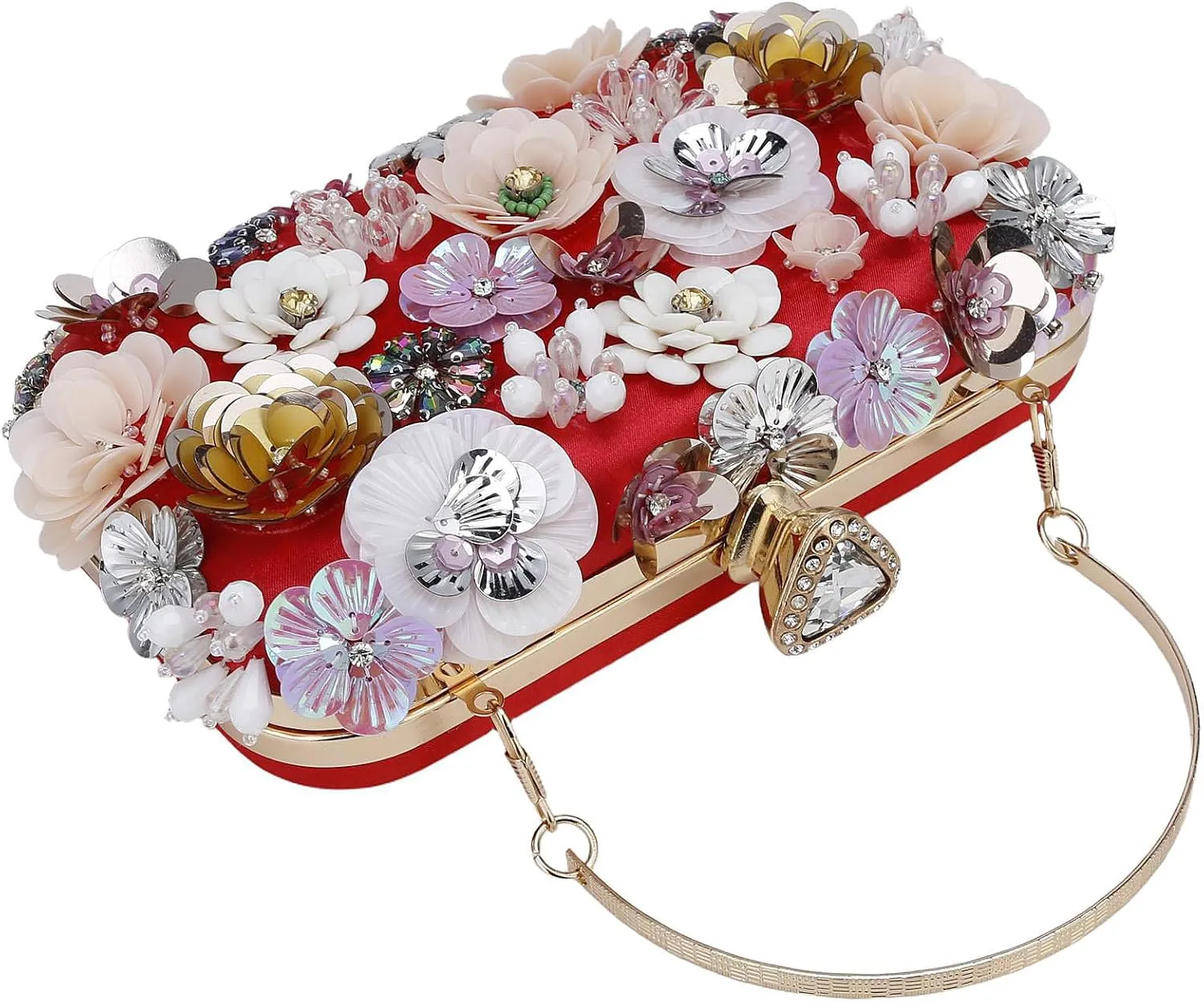 Women's Floral Evening Clutch Bag - Colorful Flower Handbag with Metal Rhinestones