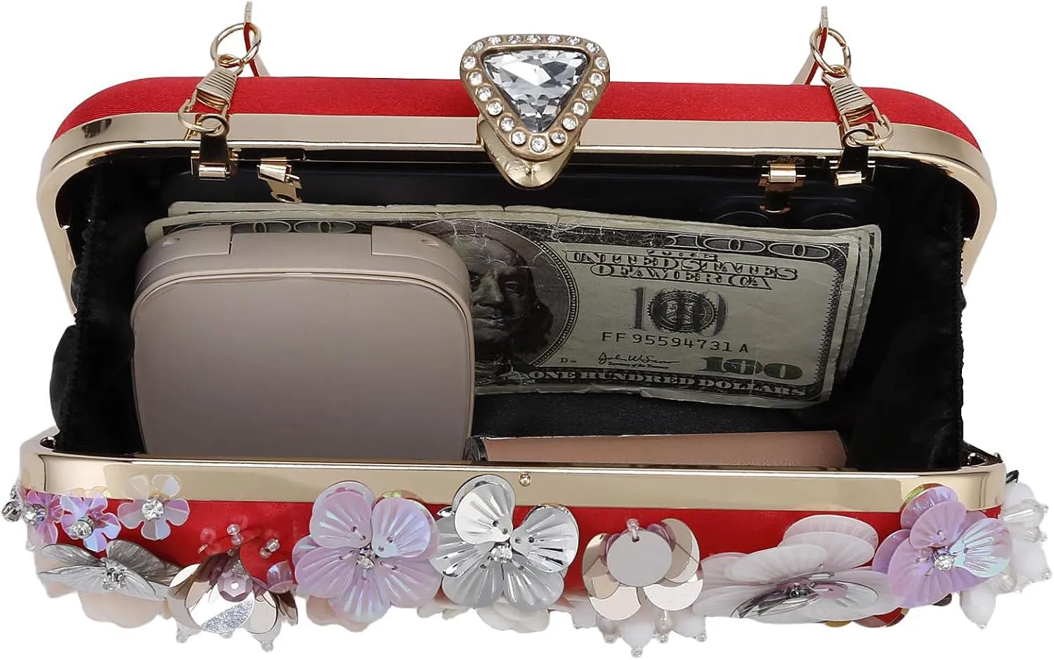 Women's Floral Evening Clutch Bag - Colorful Flower Handbag with Metal Rhinestones