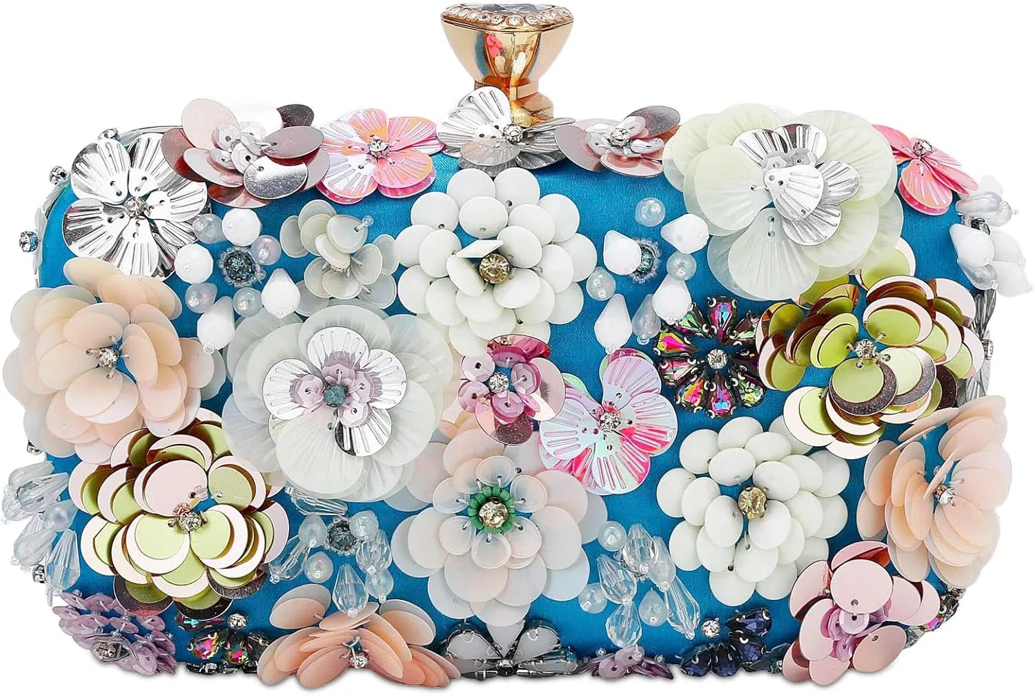 Women's Floral Evening Clutch Bag - Colorful Flower Handbag with Metal Rhinestones