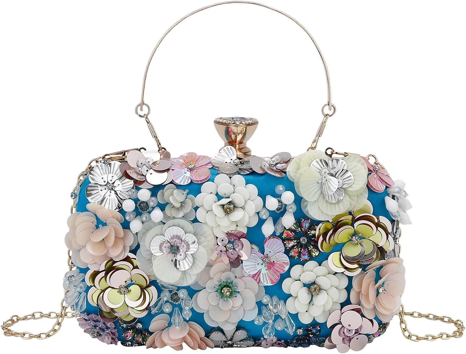 Women's Floral Evening Clutch Bag - Colorful Flower Handbag with Metal Rhinestones