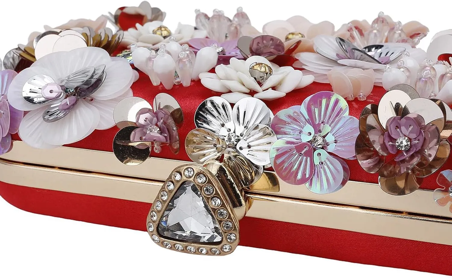 Women's Floral Evening Clutch Bag - Colorful Flower Handbag with Metal Rhinestones