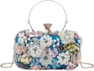 Women's Floral Evening Clutch Bag - Colorful Flower Handbag with Metal Rhinestones