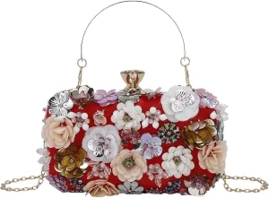 Women's Floral Evening Clutch Bag - Colorful Flower Handbag with Metal Rhinestones