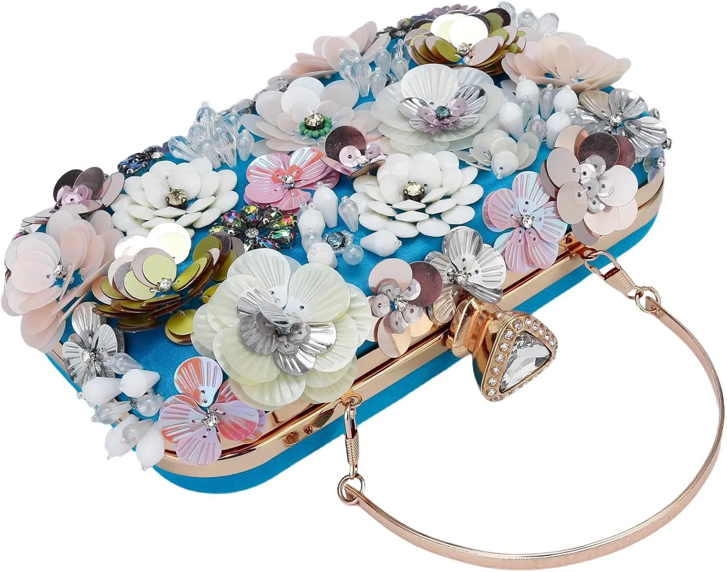 Women's Floral Evening Clutch Bag - Colorful Flower Handbag with Metal Rhinestones