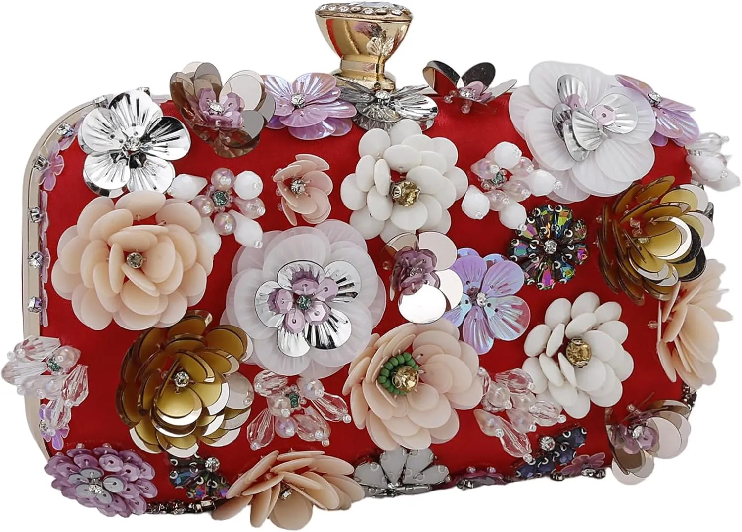 Women's Floral Evening Clutch Bag - Colorful Flower Handbag with Metal Rhinestones