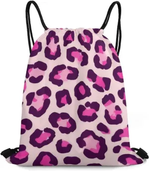Women's Handbag Drawstring Bag, Novelty Waterproof Lightweight Backpack, Cheetah Leopard Print Floral Pink Large Capacity Shopping Storage Pouch Sports Bags for Yoga