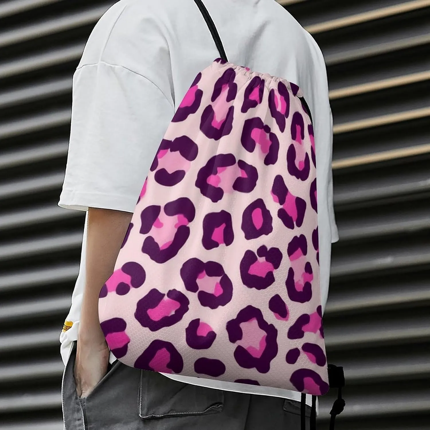 Women's Handbag Drawstring Bag, Novelty Waterproof Lightweight Backpack, Cheetah Leopard Print Floral Pink Large Capacity Shopping Storage Pouch Sports Bags for Yoga