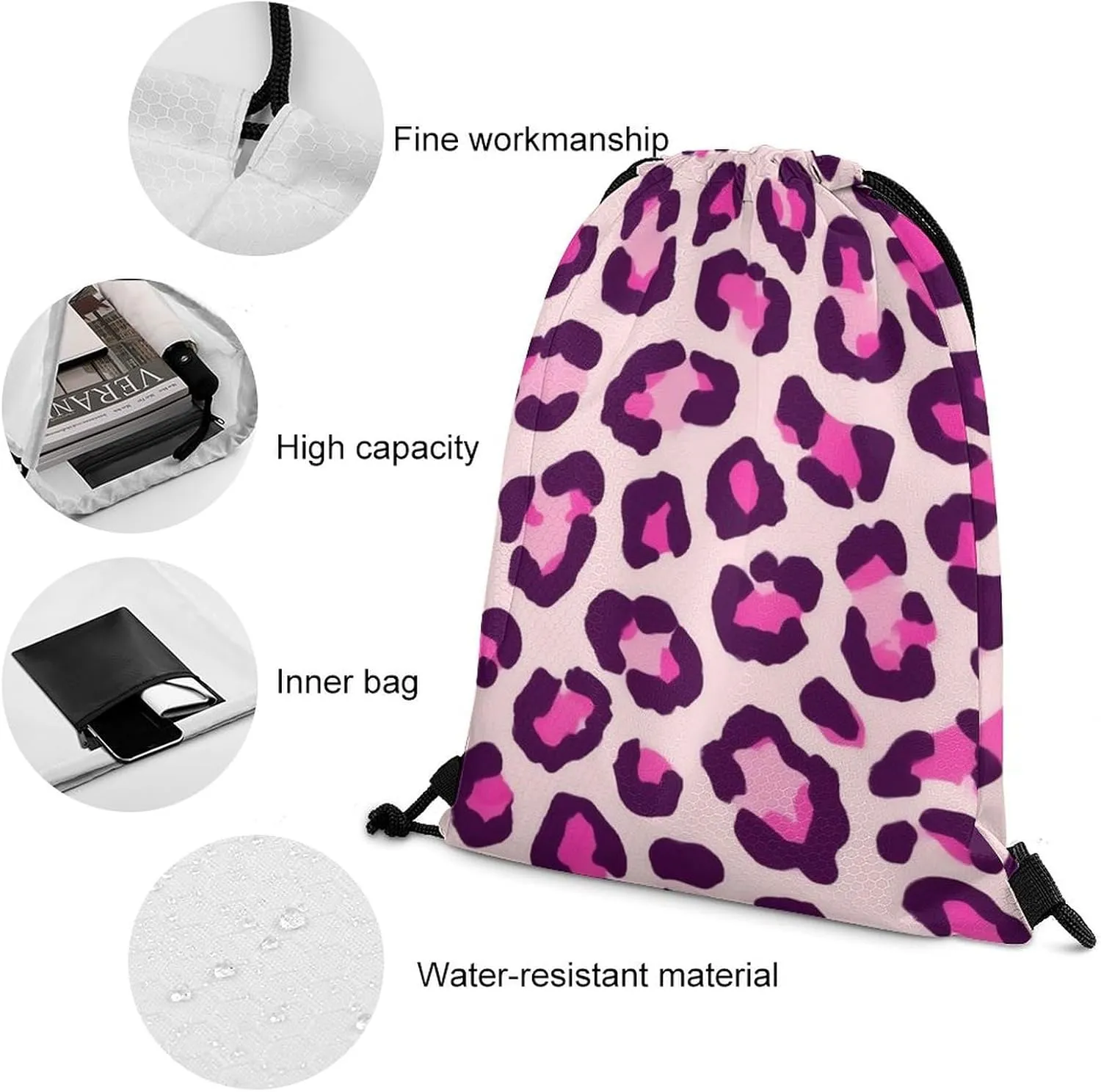 Women's Handbag Drawstring Bag, Novelty Waterproof Lightweight Backpack, Cheetah Leopard Print Floral Pink Large Capacity Shopping Storage Pouch Sports Bags for Yoga