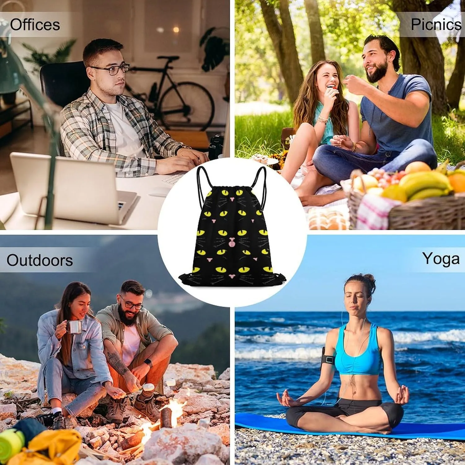 Women's Handbag Drawstring Bag, Novelty Waterproof Lightweight Backpack, Cool Funny Black Cats Large Capacity Shopping Storage Pouch Sports Bags for Yoga