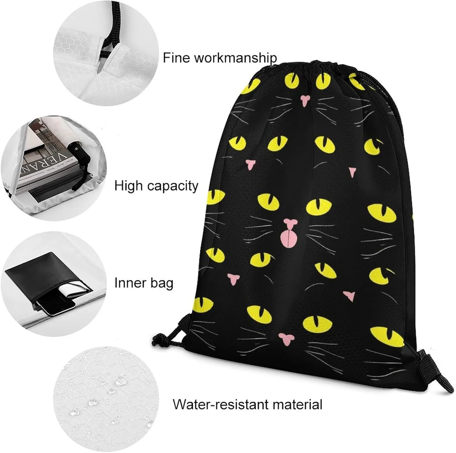 Women's Handbag Drawstring Bag, Novelty Waterproof Lightweight Backpack, Cool Funny Black Cats Large Capacity Shopping Storage Pouch Sports Bags for Yoga