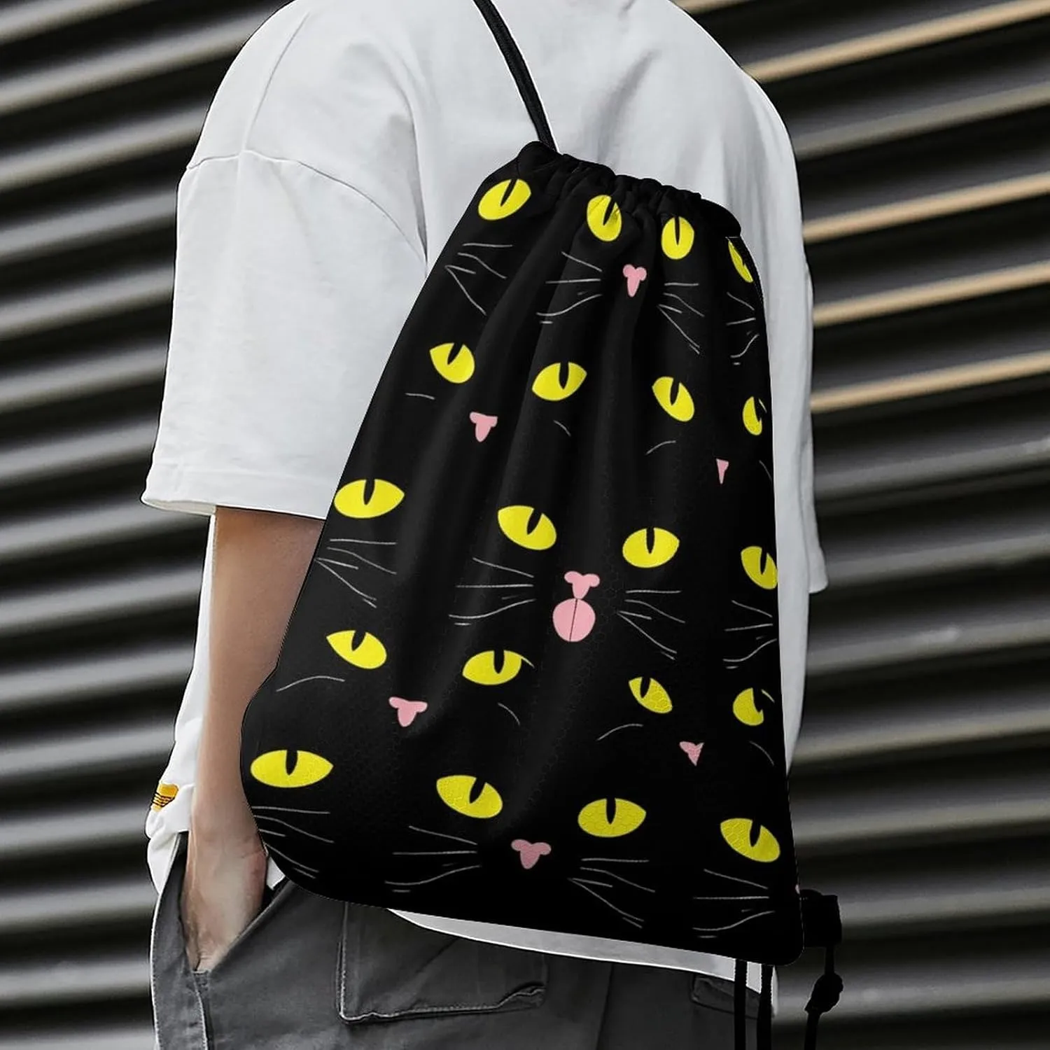 Women's Handbag Drawstring Bag, Novelty Waterproof Lightweight Backpack, Cool Funny Black Cats Large Capacity Shopping Storage Pouch Sports Bags for Yoga