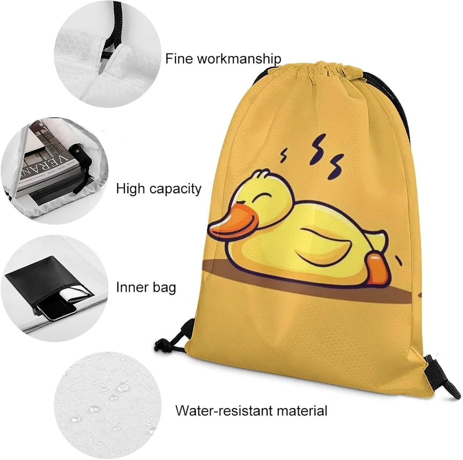Women's Handbag Drawstring Bag, Novelty Waterproof Lightweight Backpack, Cute Funny Sleeping Duck Yellow Large Capacity Shopping Storage Pouch Sports Bags for Yoga