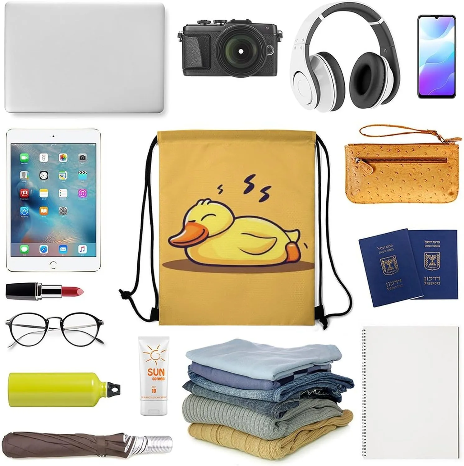 Women's Handbag Drawstring Bag, Novelty Waterproof Lightweight Backpack, Cute Funny Sleeping Duck Yellow Large Capacity Shopping Storage Pouch Sports Bags for Yoga