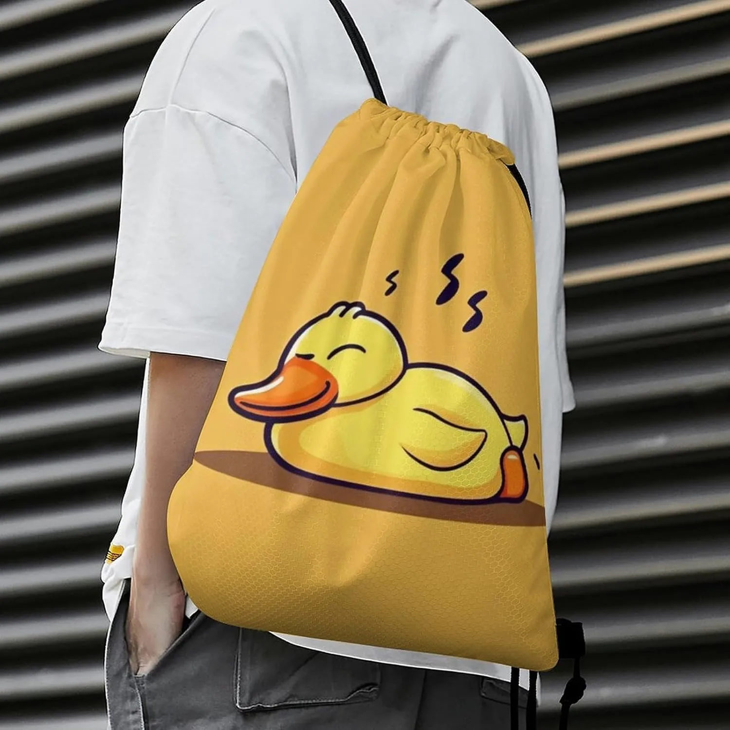 Women's Handbag Drawstring Bag, Novelty Waterproof Lightweight Backpack, Cute Funny Sleeping Duck Yellow Large Capacity Shopping Storage Pouch Sports Bags for Yoga