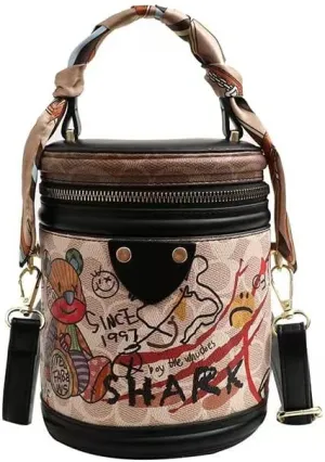 Women's handbag one-shoulder diagonal bucket bag fashion print bear fashion (black)