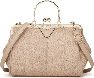 Women's Retro Handbag Kiss Lock Shoulder Purse PU Leather Tote Satchel with Lace
