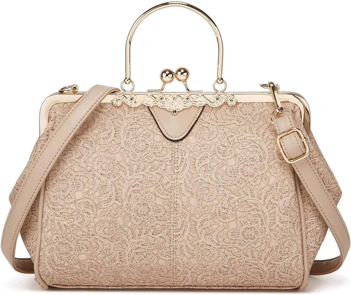 Women's Retro Handbag Kiss Lock Shoulder Purse PU Leather Tote Satchel with Lace
