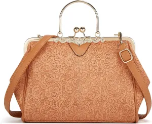 Women's Retro Handbag Kiss Lock Shoulder Purse PU Leather Tote Satchel with Lace