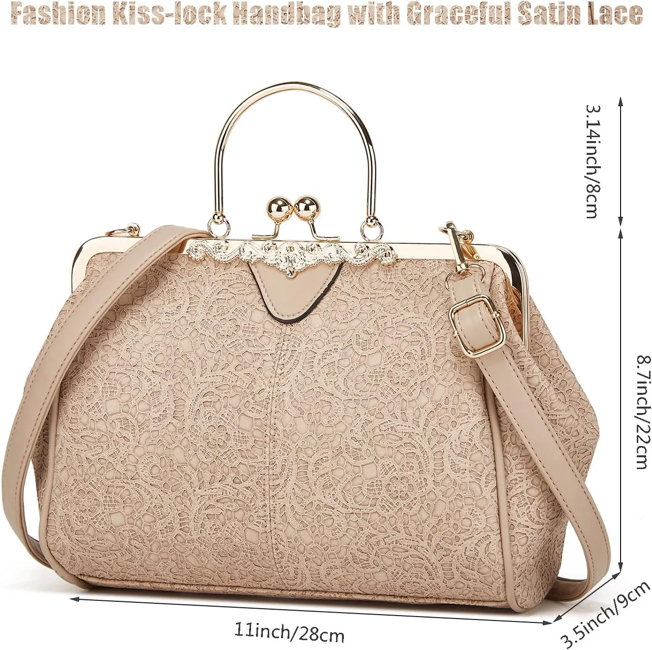 Women's Retro Handbag Kiss Lock Shoulder Purse PU Leather Tote Satchel with Lace