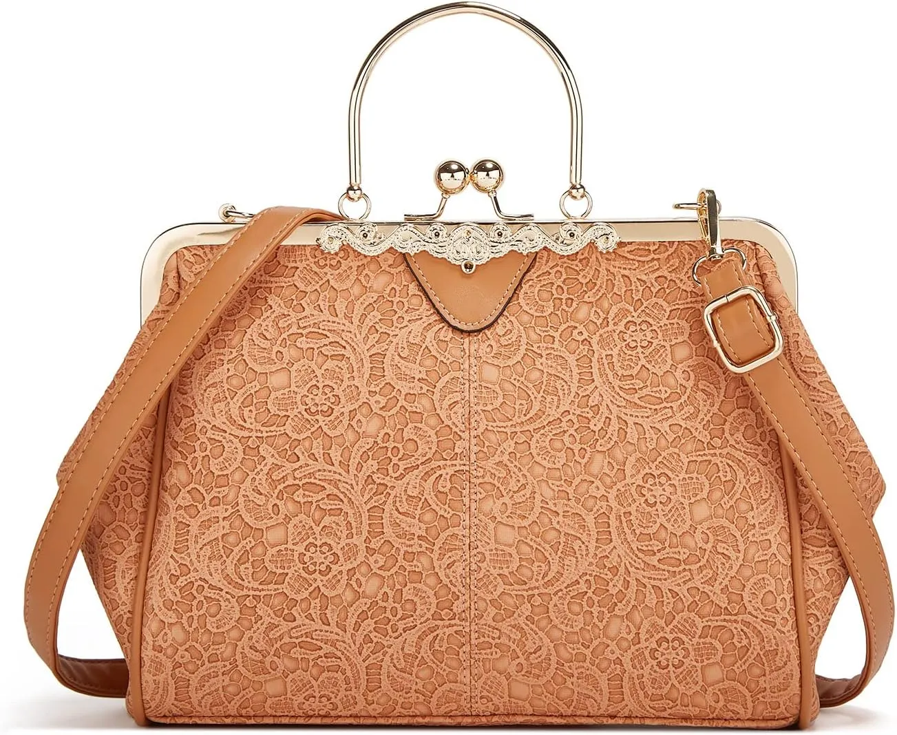 Women's Retro Handbag Kiss Lock Shoulder Purse PU Leather Tote Satchel with Lace