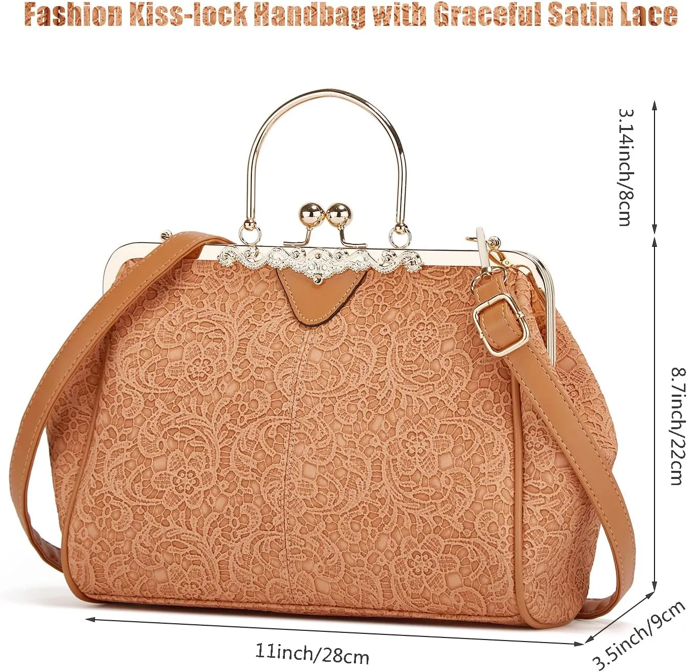 Women's Retro Handbag Kiss Lock Shoulder Purse PU Leather Tote Satchel with Lace