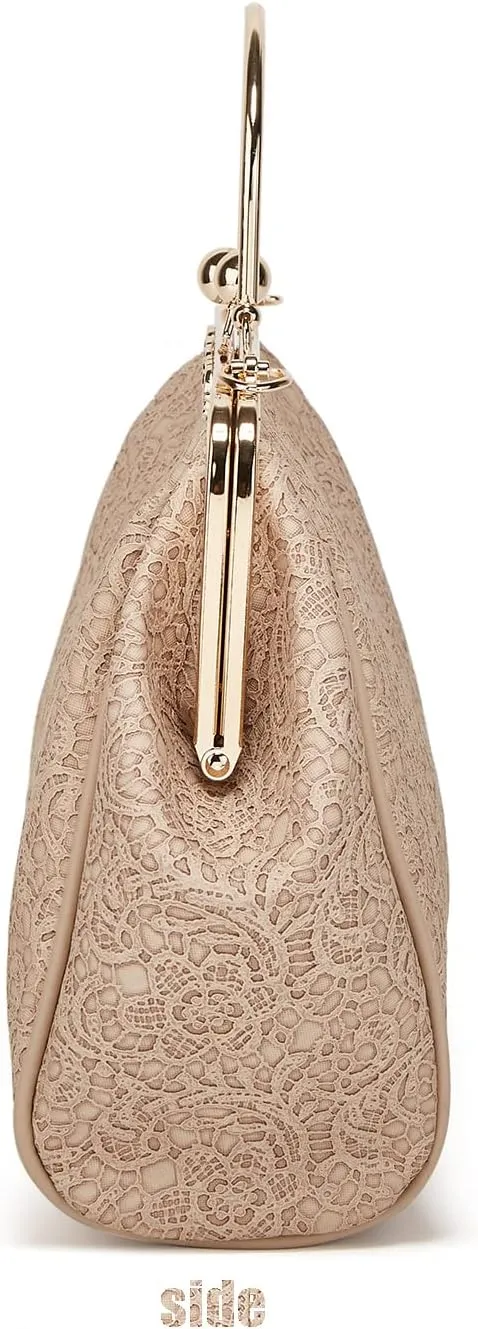 Women's Retro Handbag Kiss Lock Shoulder Purse PU Leather Tote Satchel with Lace