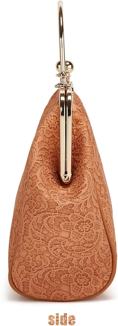 Women's Retro Handbag Kiss Lock Shoulder Purse PU Leather Tote Satchel with Lace