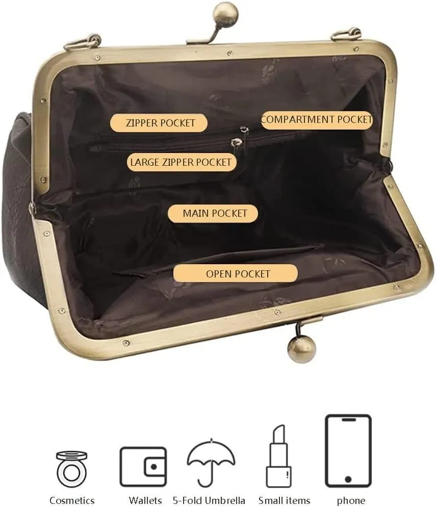 Women's Retro Handbag Shoulder Purse Graceful Tote PU Leather Crossbody Bags Satchel with Kiss Lock