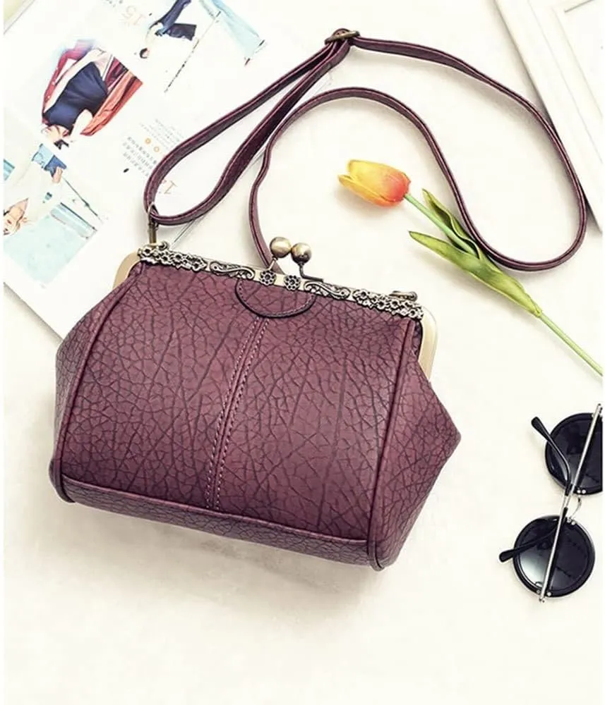 Women's Retro Handbag Shoulder Purse Graceful Tote PU Leather Crossbody Bags Satchel with Kiss Lock