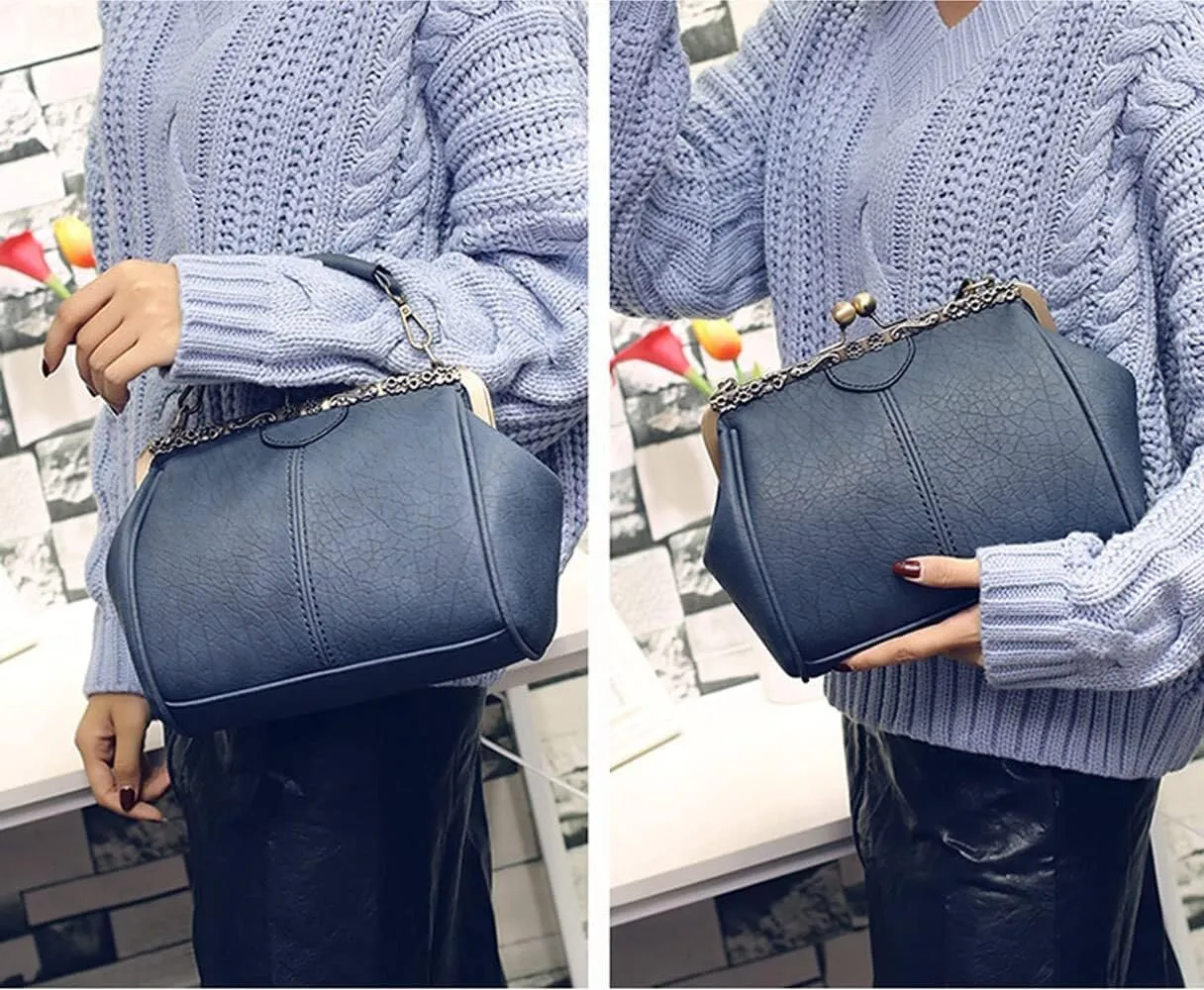 Women's Retro Handbag Shoulder Purse Graceful Tote PU Leather Crossbody Bags Satchel with Kiss Lock
