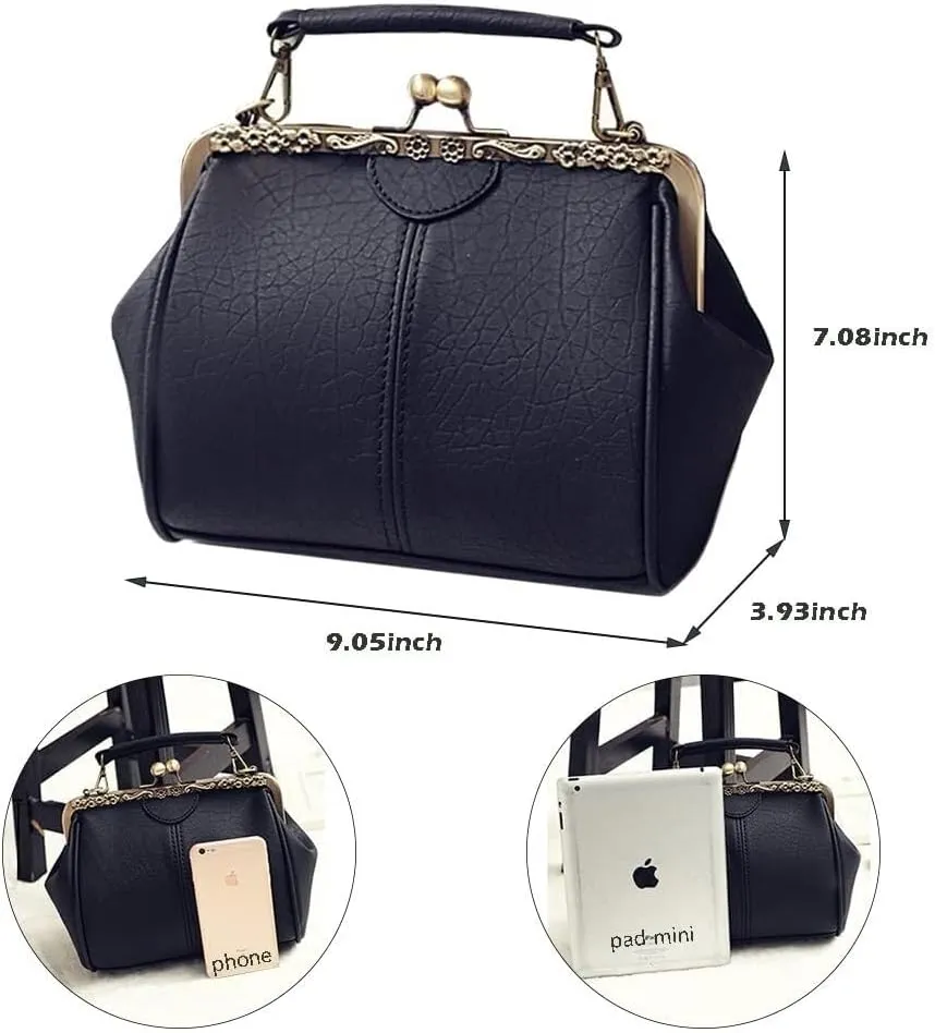 Women's Retro Handbag Shoulder Purse Graceful Tote PU Leather Crossbody Bags Satchel with Kiss Lock