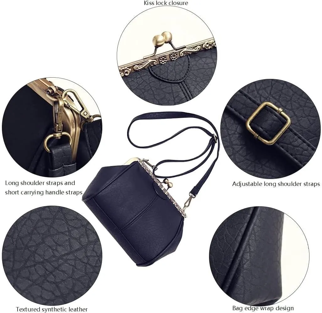 Women's Retro Handbag Shoulder Purse Graceful Tote PU Leather Crossbody Bags Satchel with Kiss Lock