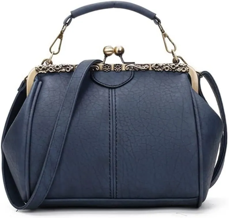 Women's Retro Handbag Shoulder Purse Graceful Tote PU Leather Crossbody Bags Satchel with Kiss Lock