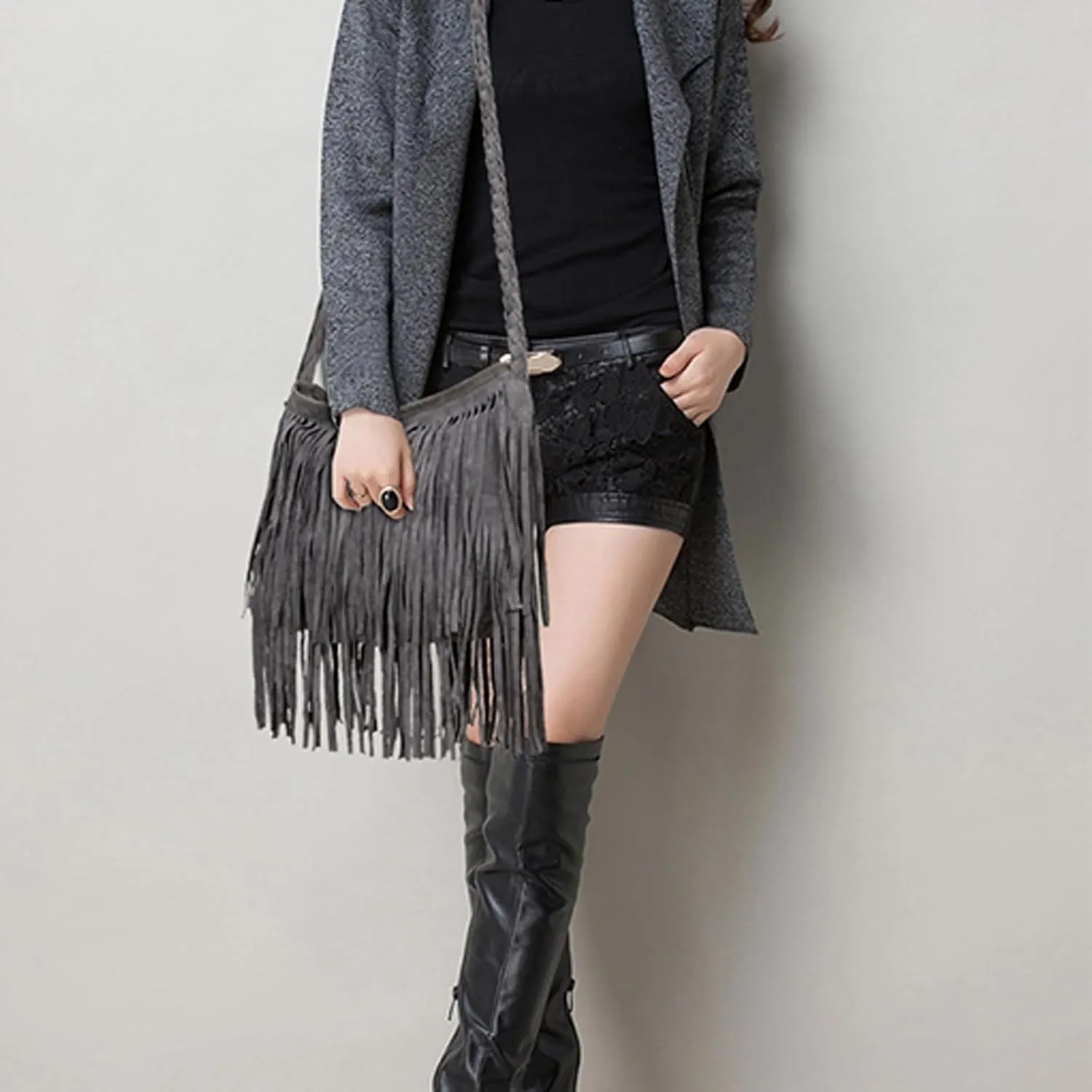Women'S Retro Hippie Suede Tassel Messenger Bag Fashion Adjustable Western Hobo Crossbody Shoulder Handbags (grey,Medium)
