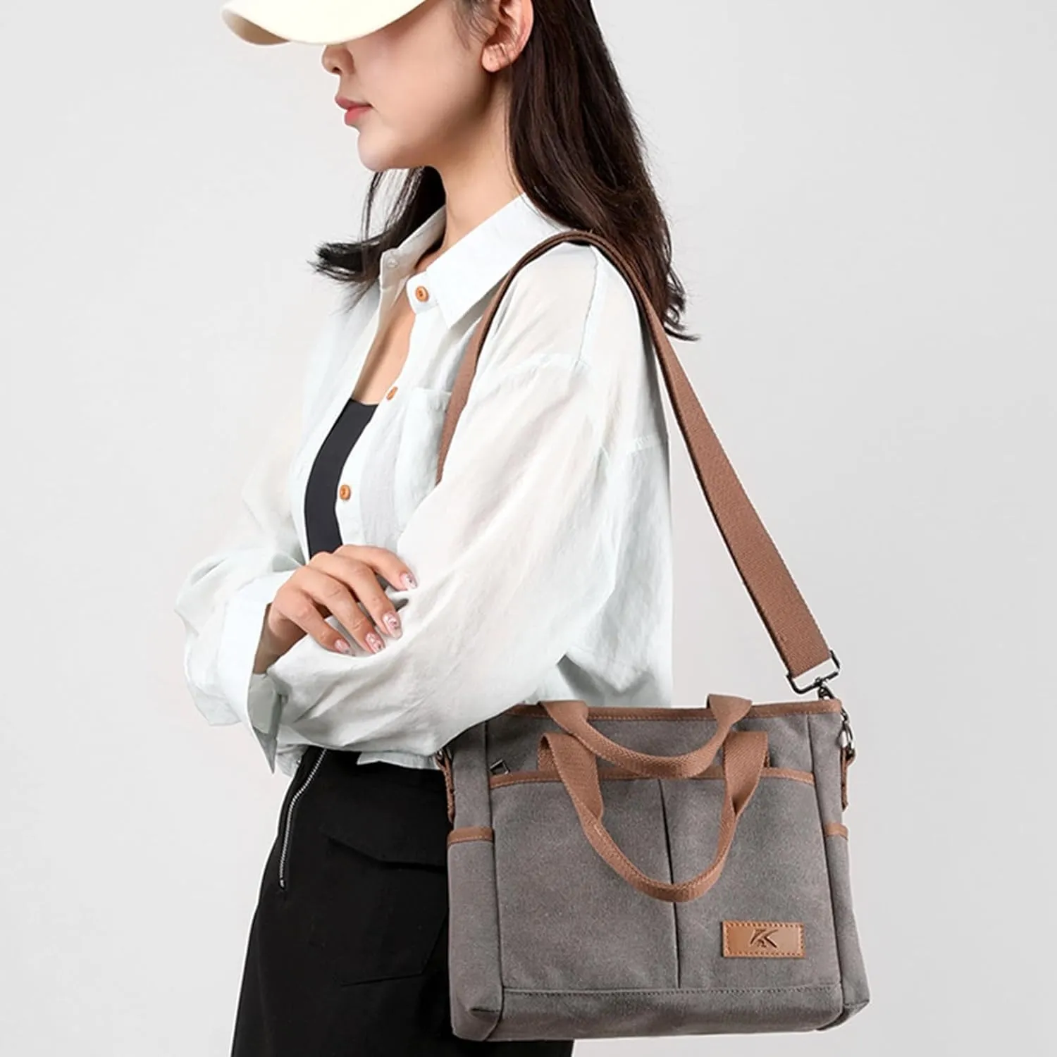 Women's Small Canvas Tote Purses Casual Multi-pocket Shoulder Crossbody Bag Everyday Handbags