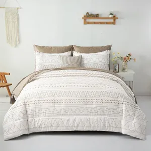 WONGS BEDDING 7 Pieces Khaki Comforter Set Boho Bed in a Bag King Size,Geometric Striped Comforter Reversible Soft Microfiber Bedding Set with Pillowcases,Flat Sheet,Fitted Sheet,Pillow Shams