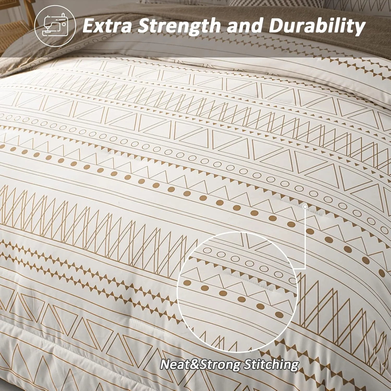 WONGS BEDDING 7 Pieces Khaki Comforter Set Boho Bed in a Bag King Size,Geometric Striped Comforter Reversible Soft Microfiber Bedding Set with Pillowcases,Flat Sheet,Fitted Sheet,Pillow Shams