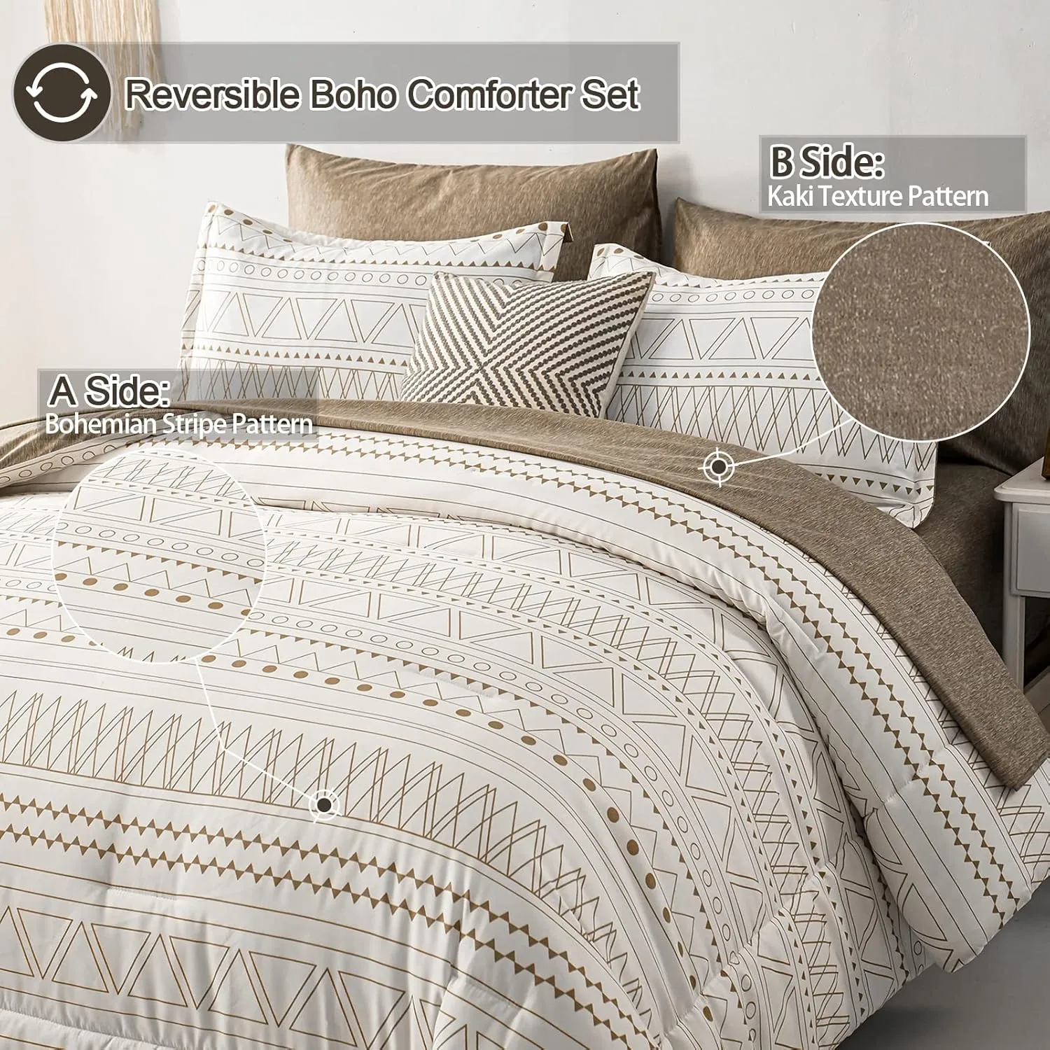 WONGS BEDDING 7 Pieces Khaki Comforter Set Boho Bed in a Bag King Size,Geometric Striped Comforter Reversible Soft Microfiber Bedding Set with Pillowcases,Flat Sheet,Fitted Sheet,Pillow Shams