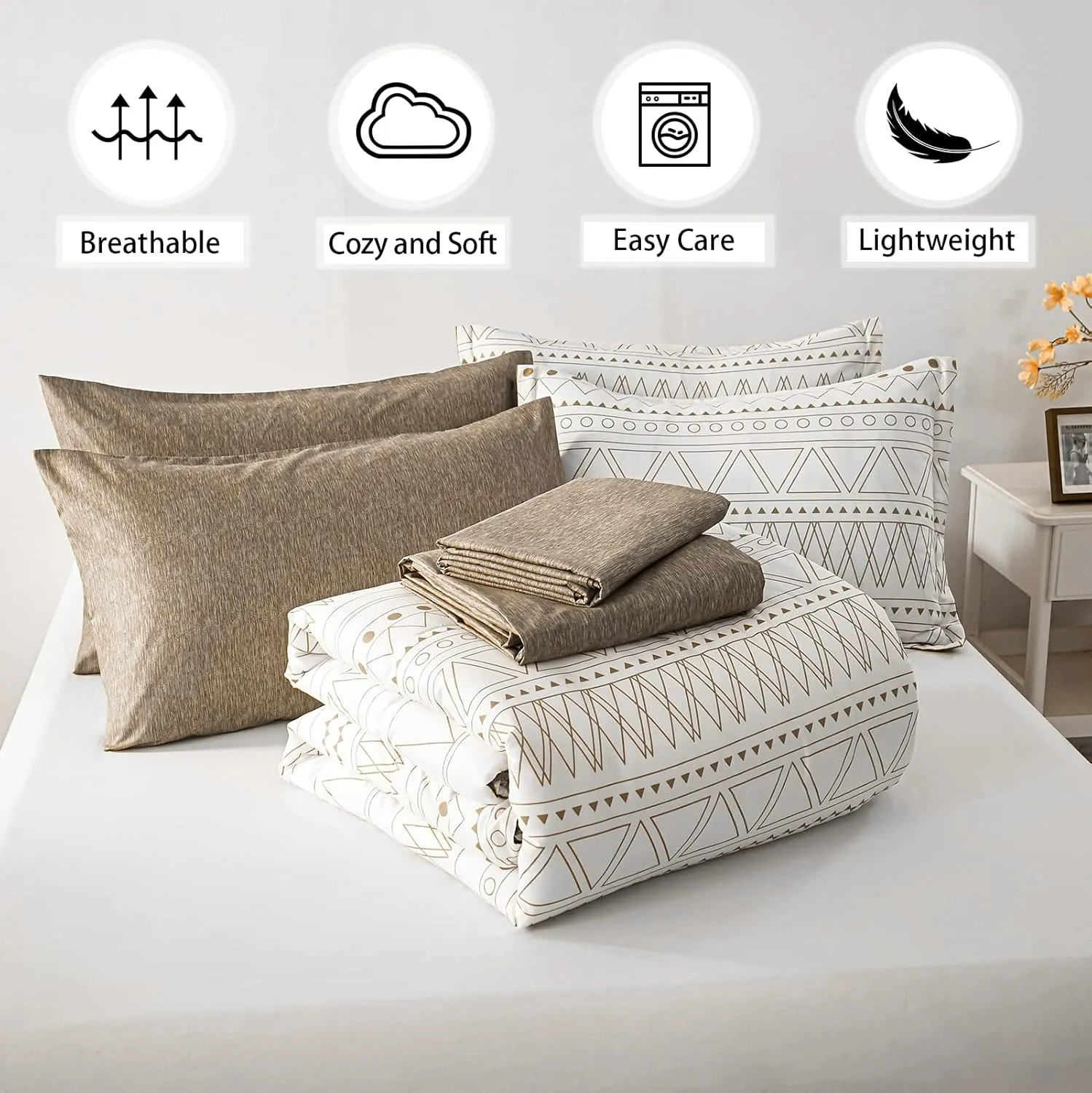 WONGS BEDDING 7 Pieces Khaki Comforter Set Boho Bed in a Bag King Size,Geometric Striped Comforter Reversible Soft Microfiber Bedding Set with Pillowcases,Flat Sheet,Fitted Sheet,Pillow Shams