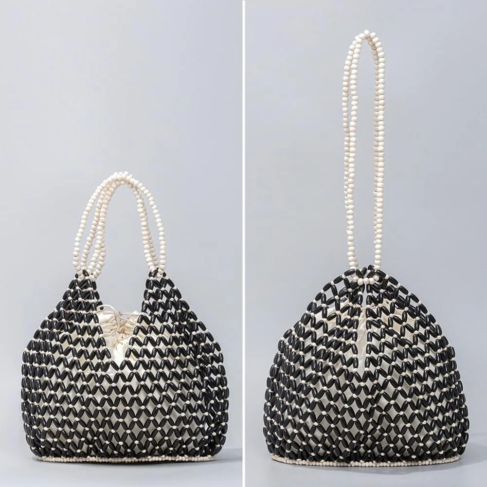 Wooden Bead Purses for Women Beaded Hobo Shoulder Bag Straw Purse Chic Hollow-out Handbag for Beach Summer Travel 2025